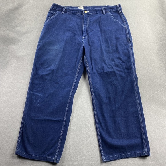 Carhartt Jeans Mens 42x32 Blue Denim Pants Carpenter Straight Leg Outdoors 27.5L - Picture 1 of 15